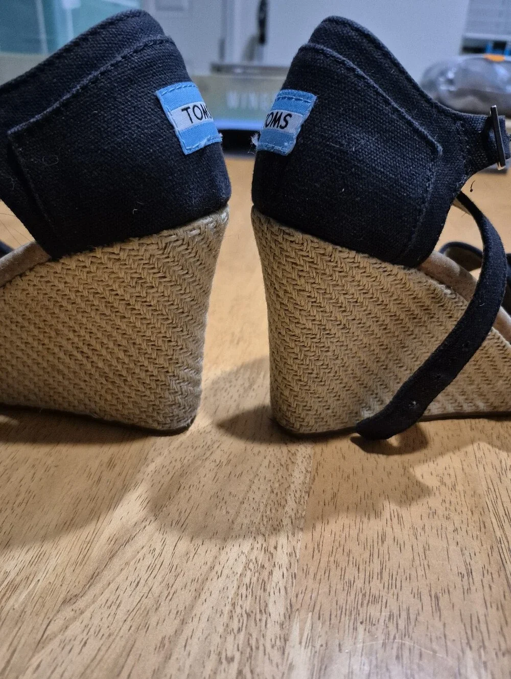 Toms Black Espadrille Wedge Sandals with Ankle Strap